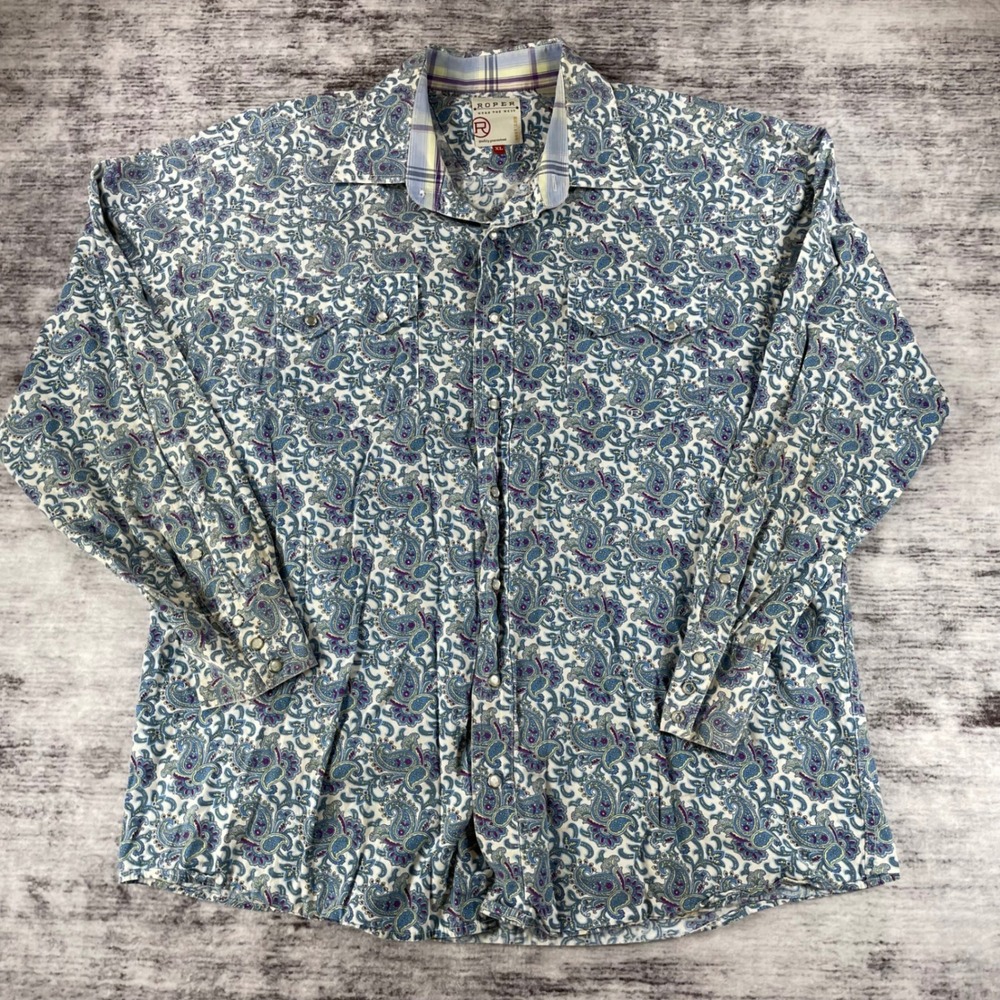 Roper Mens XL Blue Paisley Western Pearl Snap Long Sleeve Work Shirt